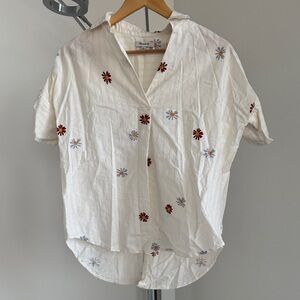 Madewell White Short-Sleeve Button V-Neck Floral Top